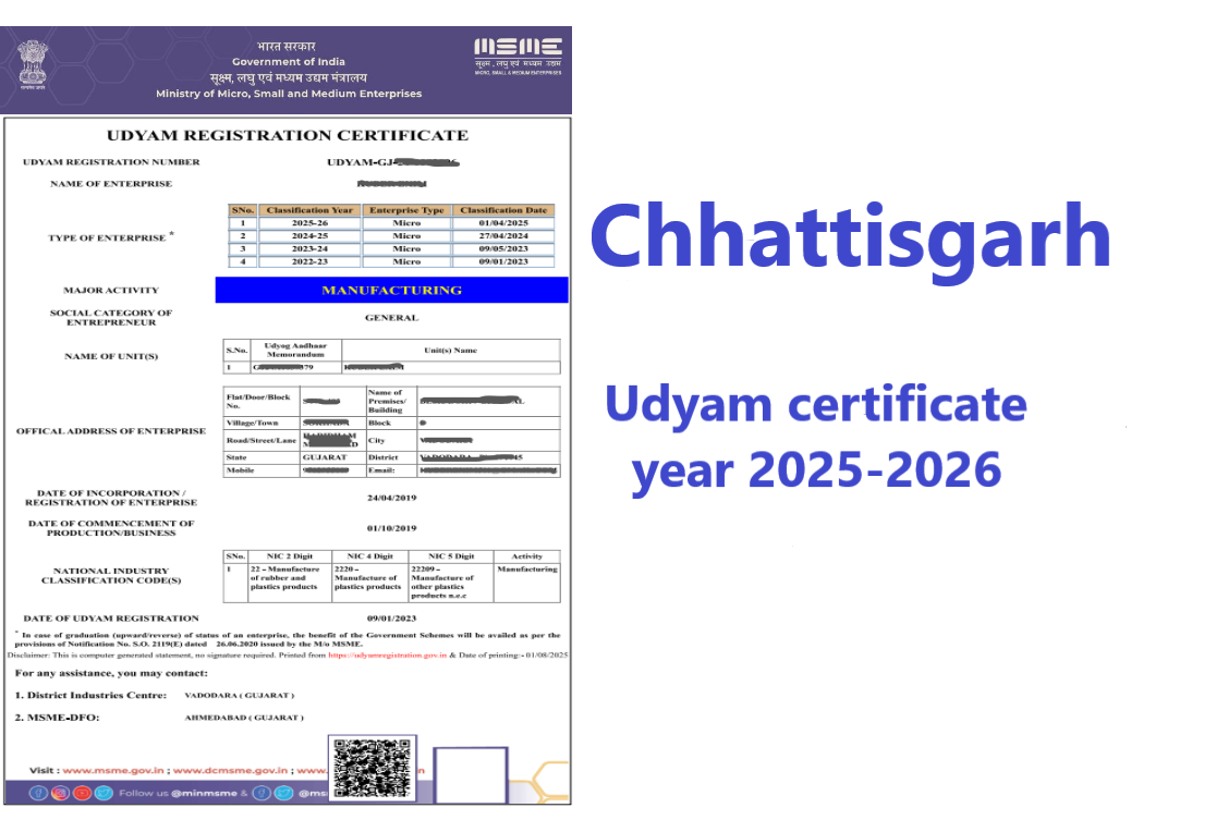 Chhattisgarh Udyam Certificate Year 2025-2026