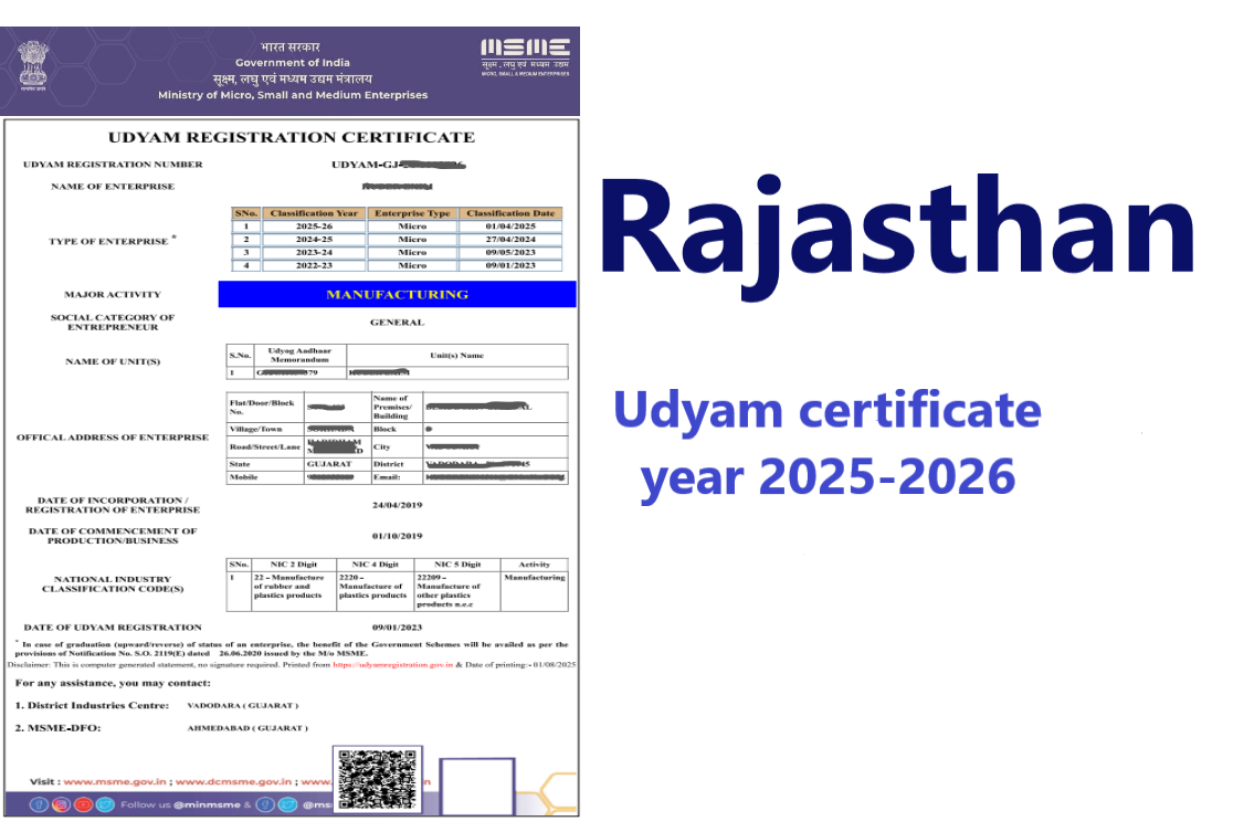 Rajasthan Udyam Certificate Year 2025-2026
